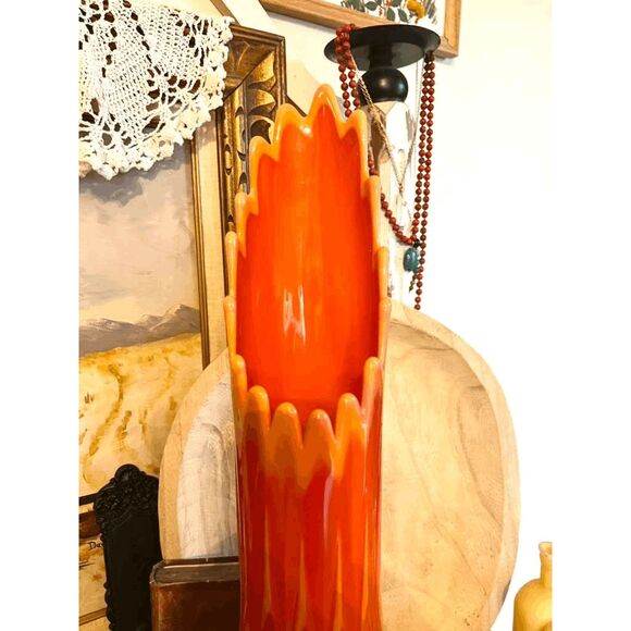 Vintage L.E. Smith Bittersweet Large Orange Swung Glass Diamond Butt Vase 24" - Picture 6 of 7